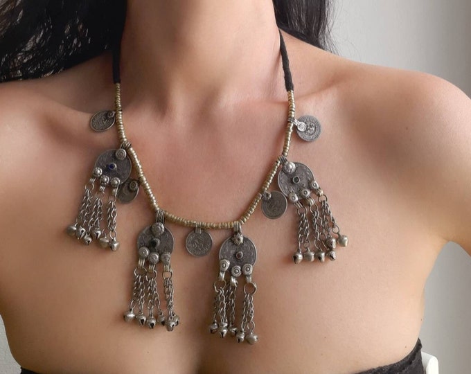 kuchi necklace, kuchi jewelry, tribal fusion necklace, boho ethnic necklace, boho silver necklace, antique coins, bellydance, tribal choker