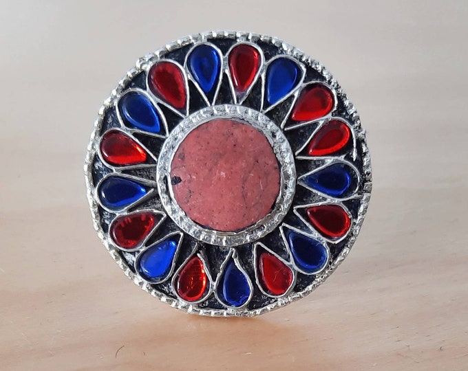 Statement rings, blue and red ring, crystal ring, boho statement rings, crystal boho ring, ethnic red ring, kuchi rings, tribal fusion rings