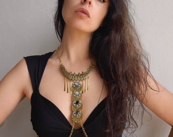 tribal fusion jewelry, bodychain, body chain, harness chain, gold harness chain, gold bodychain, tribal fusion bodychain, gold long necklace