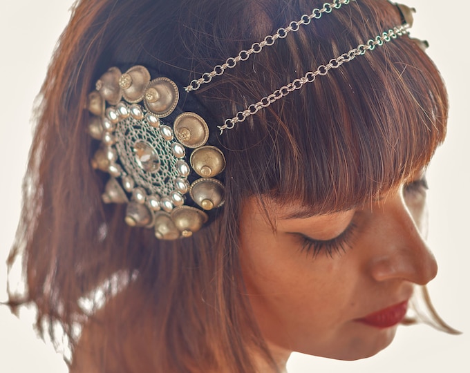 bridal hair accessories, bridal headdress, tribal fusion headpiece, bridal headpiece, headband, handmade headband, silver headpiece, boho