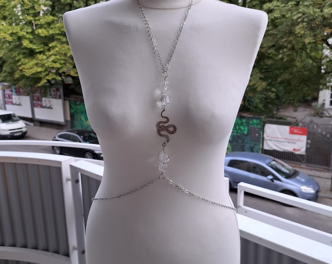 Snake necklace, body jewelry, snake charms, tribal fusion, crystal bodychain, bodychain, long silver necklace, silver body jewelry, ethnic