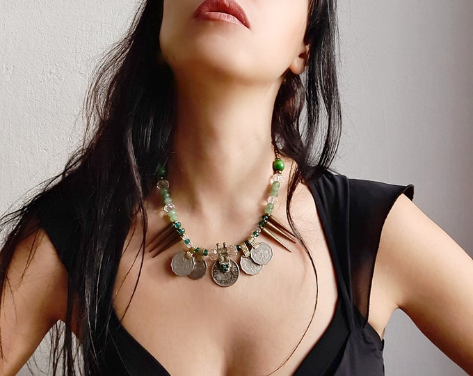 Natural stone necklace, jade, boho necklace, boho chic, tribal fusion, green necklace, boho jewelery, ethnic, necklace, festival outfit