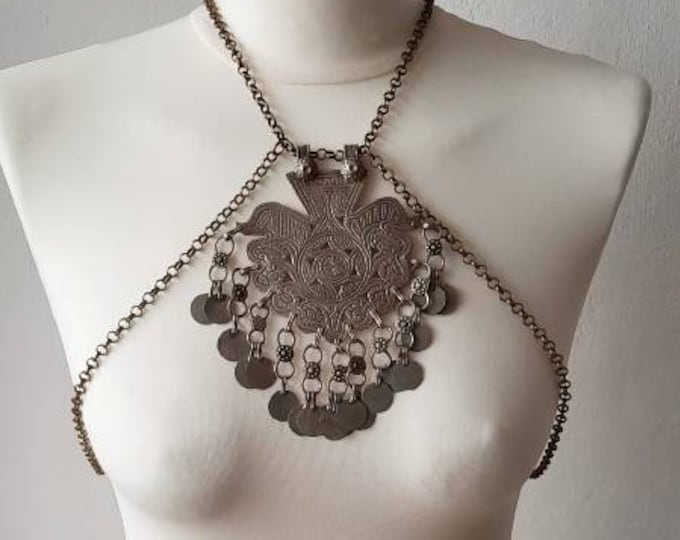 tribal fusion bodychain, tribal fusion necklace, kuchi vintage necklace, boho bodychain, harness chain, ethnic bodychain, kuchi body jewelry