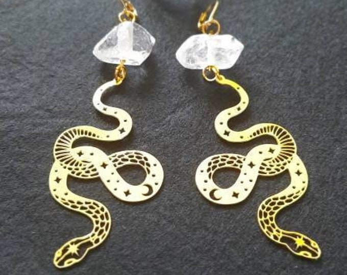 raw brass earrings, brass jewelry, serpent, snake earrings, snake, tribal fusion, quartz, brass earrings, earrings, festival, boho, ethnic