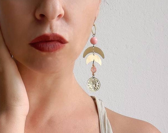Raw brass earrings, Swarovski, half moon, half moon earrings, geometric jewelry, geometric earrings, minimal, handmade, brass, brass, boho