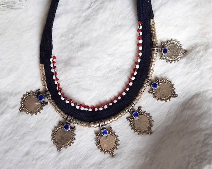 kuchi necklace, tribal fusion necklace, ethnic necklace, blue crystal necklace, kuchi choker, boho chic necklace, boho blue necklace, tribal