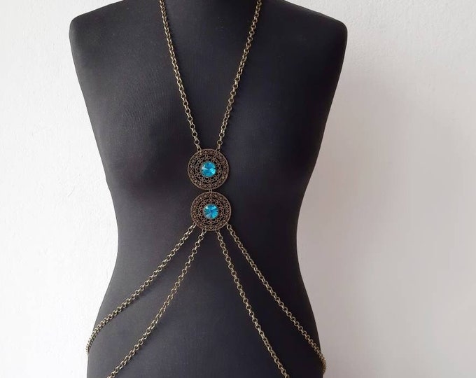 Bodychain, body chain, harness, body necklace, body jewelry, boho necklace, handmade bodychain, tribal fusion necklace, festival outfit