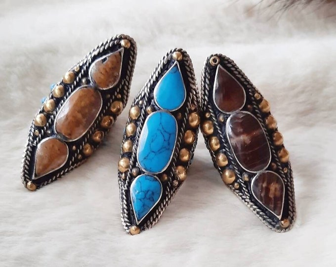 Ring, natural stone ring, boho jewelry, boho ring, boho chic, ethnic, kuchi, tribal fusion, bellydance, german silver, adjustable ring, boho