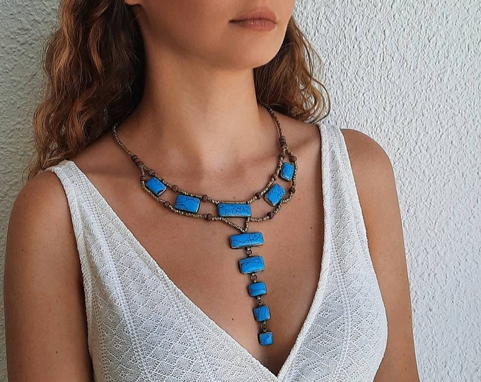 kuchi long necklace, tribal fusion necklace, long turquoise necklace, boho chic lapis lazuli necklace, festival long necklace, tribal fusion