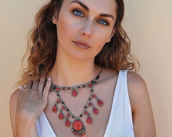 kuchi necklace, boho red necklace, ethnic red necklace, tribal fusion necklace, ethnic jewelry, boho long necklace, tribal fusion bellydance