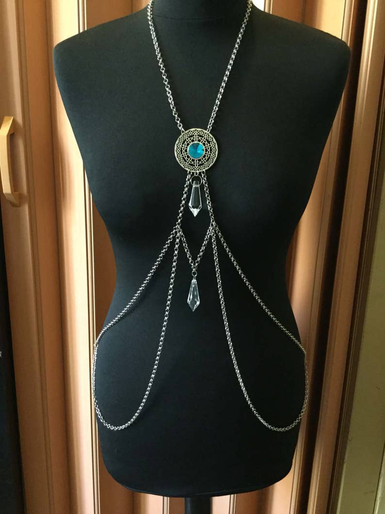 Body chain handmade, body jewellery, body harness, chain body harness, tribal fusion, body necklace, long necklace, custom body jewellery, image 2