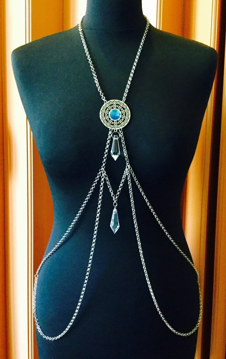 Body chain handmade, body jewellery, body harness, chain body harness, tribal fusion, body necklace, long necklace, custom body jewellery, image 1