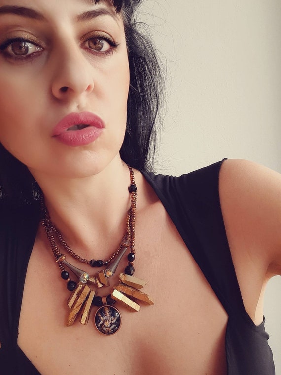 boho necklace, ethnic necklace, Tribal fusion,ganesh necklace, indian necklace, gold quarz, quarz necklace, crystal,ethnic choker, boho chic
