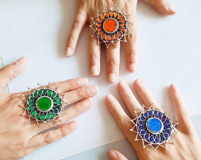 Rings, boho jewellery, tribal fusion, big rings, boho rings, crystal, trendy rings, ethnic rings, kuchi rings, kuchi jewellery, bohemian