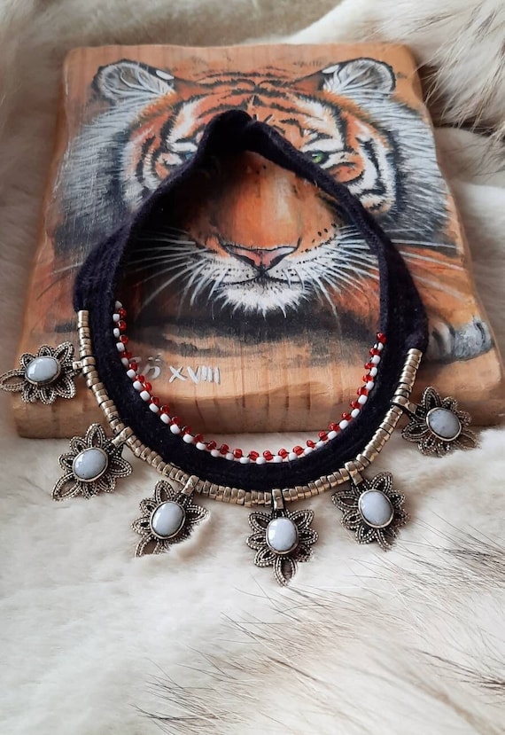 Necklace, white jade, kuchi necklace, boho jewelry, boho chic, ethnic,  gypsy, natural stone, tribal fusion, boho, festival, choker, bohemian