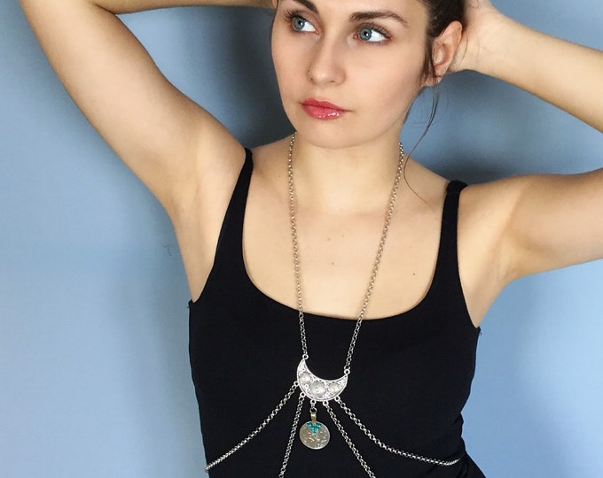 body harness, bodychain, body chain, body jewellery, handmade bodychain, silver bodychain, body necklace, silver chain, tribal fusion, boho