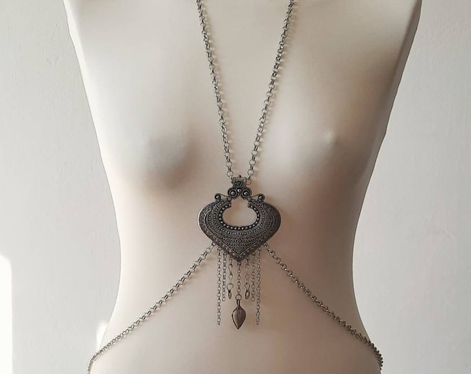 Bodychain, harness, harness chain, tribal fusion necklace, long necklace, silver long necklace, tribal fusion bellydance, body jewelry, boho