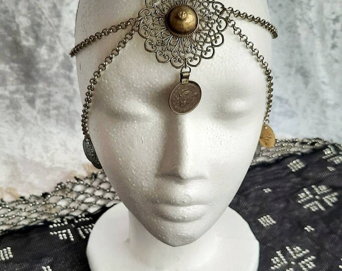 boho headpiece, handmade headpiece, tribal fusion headpiece, ethnic headpiece, head chain, bohemian headpiece, Cleopatra headchain, silver