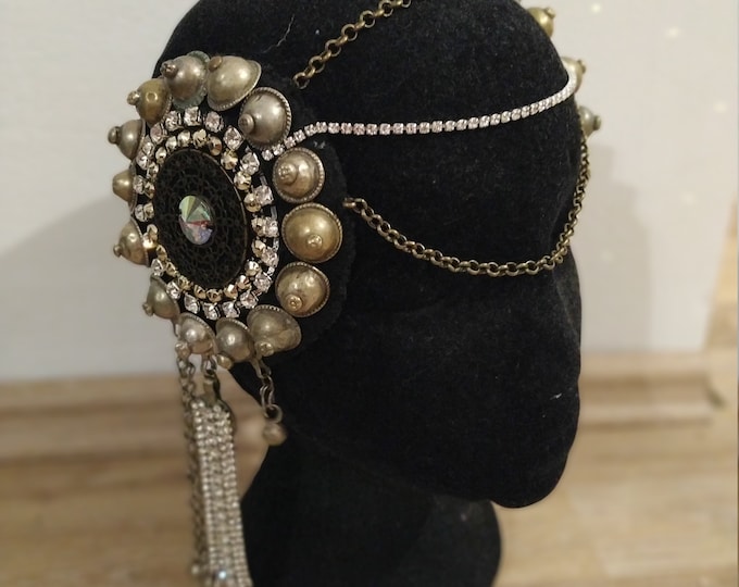 Tribal fusion headdress, tribal fusion headpiece, rhinestone headpiece, tribal fusion costume, bellydance headdress, burlesque headband, rhinestone
