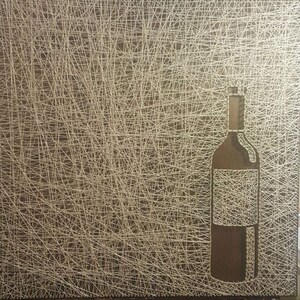 May include: A brown wine bottle outlined with white string against a brown background. The bottle is made of string art.