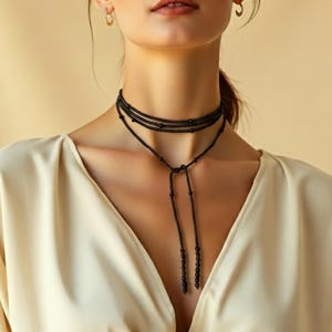 Black Wrap Necklace, Seed Bead i Jewelry, Long Layered Necklace, Tie Chokier, Boho Wrapped Choker, Lariat Necklace, Christmas Gift Women