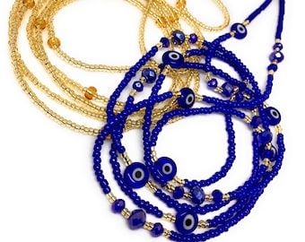Evil Eye Waist Beads, Royal Blue Belly Bead, Beaded Waist Chains, 42 inches, Tie-on Belly beads,
