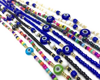 Tie on Waist beads, 25-60 inches Belly Bead, Evil Eye Belly Chains, Waistbead Choose Color, African Waist Chain, Bellybead for Weight Loss