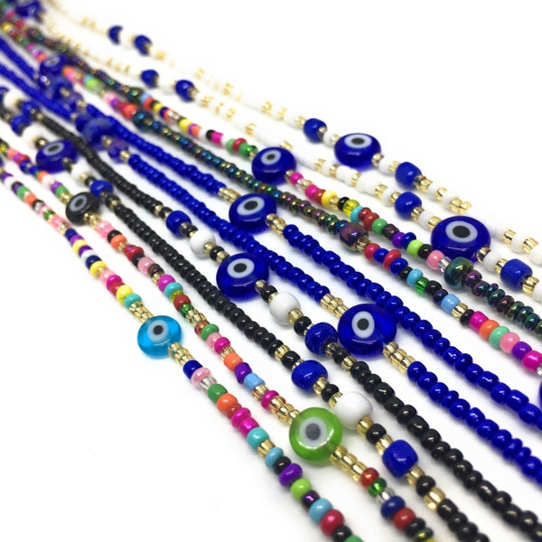 Tie on Waist beads, 25-60 inches Belly Bead, Evil Eye Belly Chains, Waistbead Choose Color, African Waist Chain, Bellybead for Weight Loss