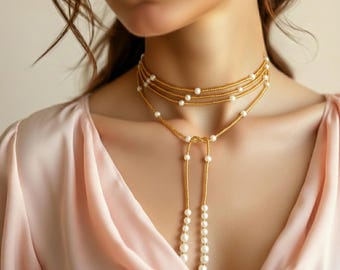 Pearl Bead Necklace, Wrapped Necklace, Lariat Seed Bead Necklace, Long Wrap Necklace, Tie Choker, Beaded Choker, Christmas Gift Woman