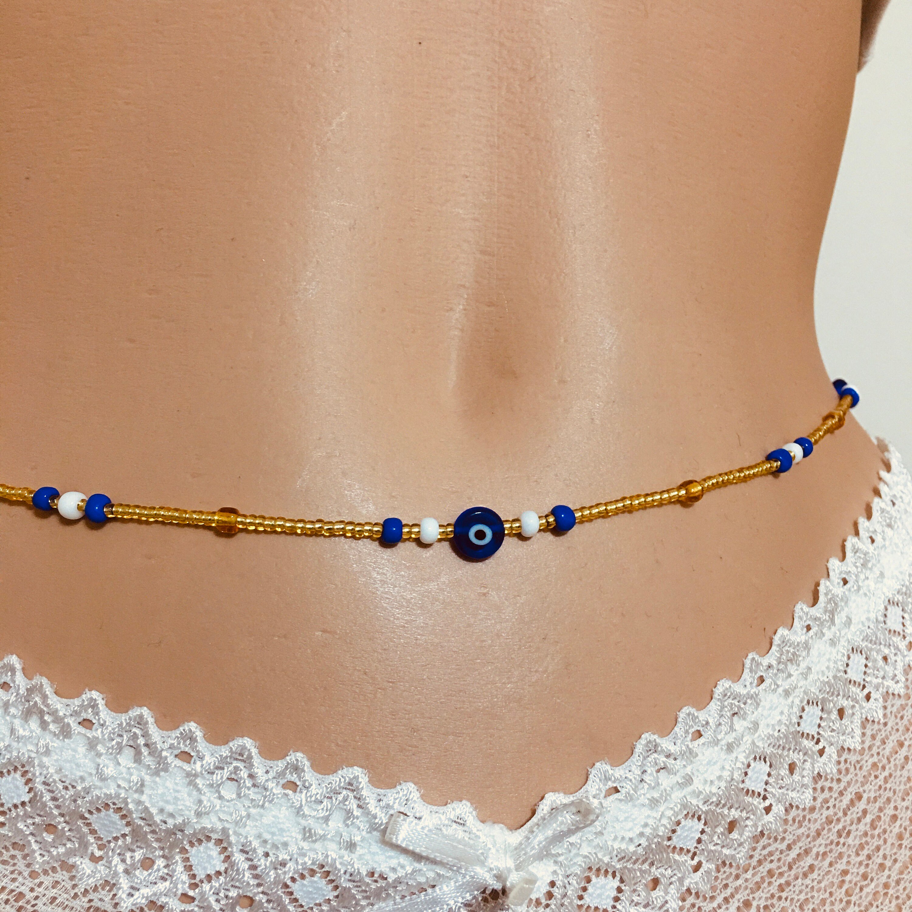 Tie on Waist Beads, 25-60 Inches Belly Bead, Evil Eye Belly Chains