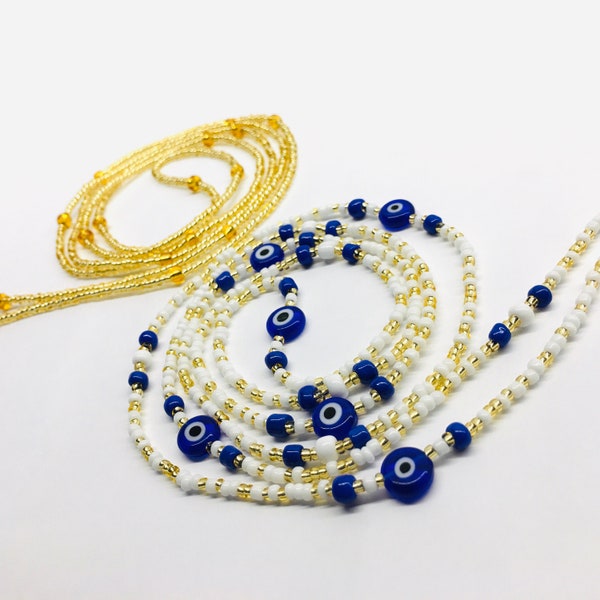 White & Gold Waist beads, 25-60 inches Evil Eye Waistbeads, 2 pcs Belly beads, Tie on bellybead, African waist bead, Bead for Weight Loss