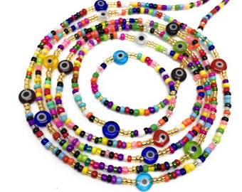 Multicolor Evil Eye Waist Beads, Tie-on Belly Chain 25-60 inches