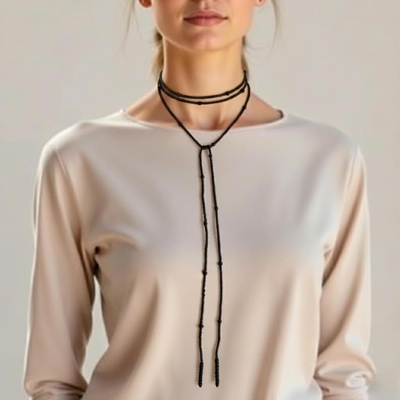 Black Wrap Necklace, Seed Bead i Jewelry, Long Layered Necklace, Tie Chokier, Boho Wrapped Choker, Lariat Necklace, Christmas Gift Women image 2