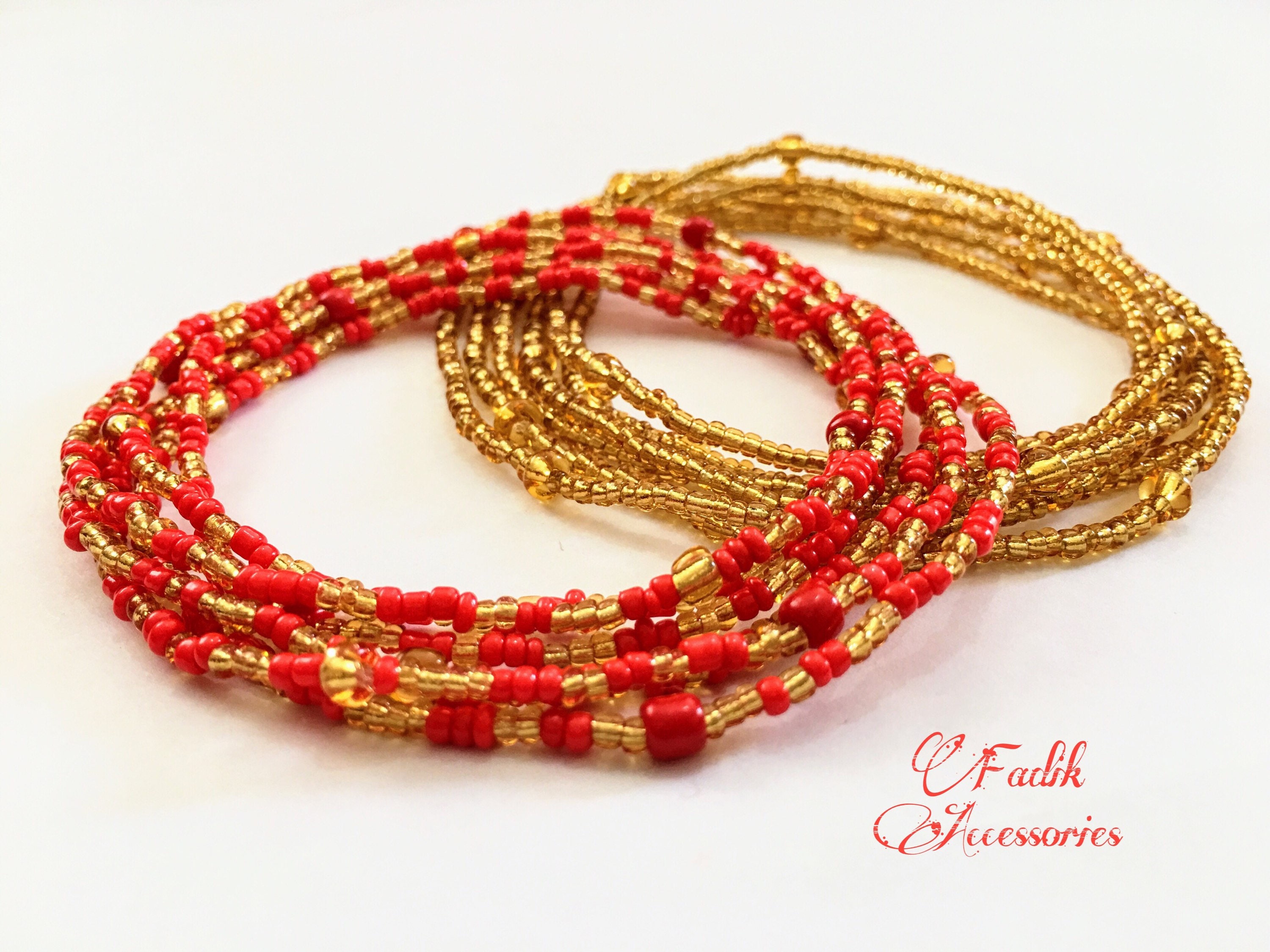 Waist Bead Set 2 Pcs String Red Gold Belly Bead African Waist