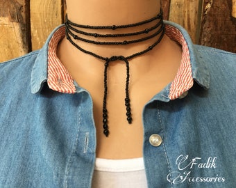 Black Wrap Necklace, Seed Bead i Jewelry, Long Layered Necklace, Tie Chokier, Boho Wrapped Choker, Lariat Necklace, Christmas Gift Women