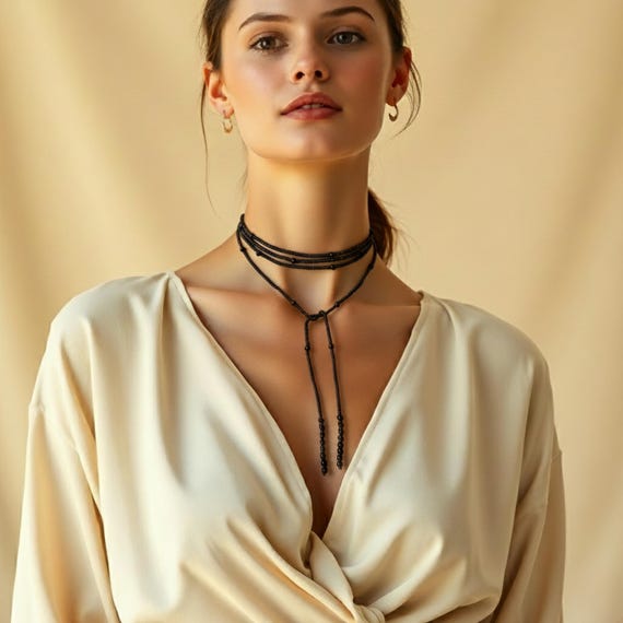 Black Wrap Necklace, Seed Bead i Jewelry, Long Layered Necklace, Tie Chokier, Boho Wrapped Choker, Lariat Necklace, Christmas Gift Women