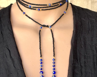 Evil Eye Lariat Necklace, Glass Seed Bead Tie Choker, Blue Beaded Protection Long Wrap
