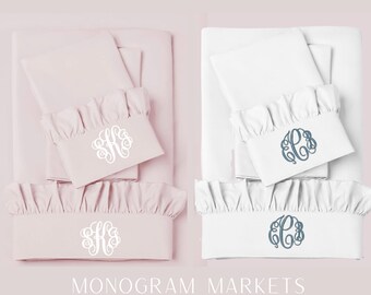 Luxury Ruffle Trim Monogram Sheet Sets Great Wedding, Birthday, & Mothers Day Gifts, Graduation gifts, dorm room sheets