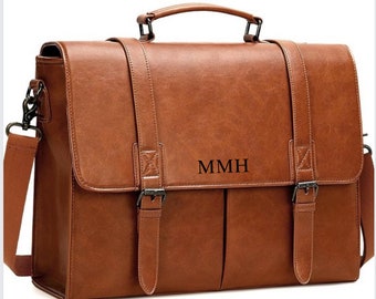 Sac messager pour homme 15,6 pouces vintage porte-documents en cuir Sac étanche pour ordinateur portable cartable Sac à bandoulière Bureau Travail Business Initiales