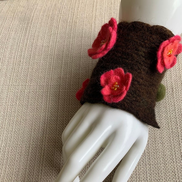 Sakura Tree Bark felted bracelet and wrist warmer with Sakura Flowers decorated with beads, spring collection of felted stylish jewelry