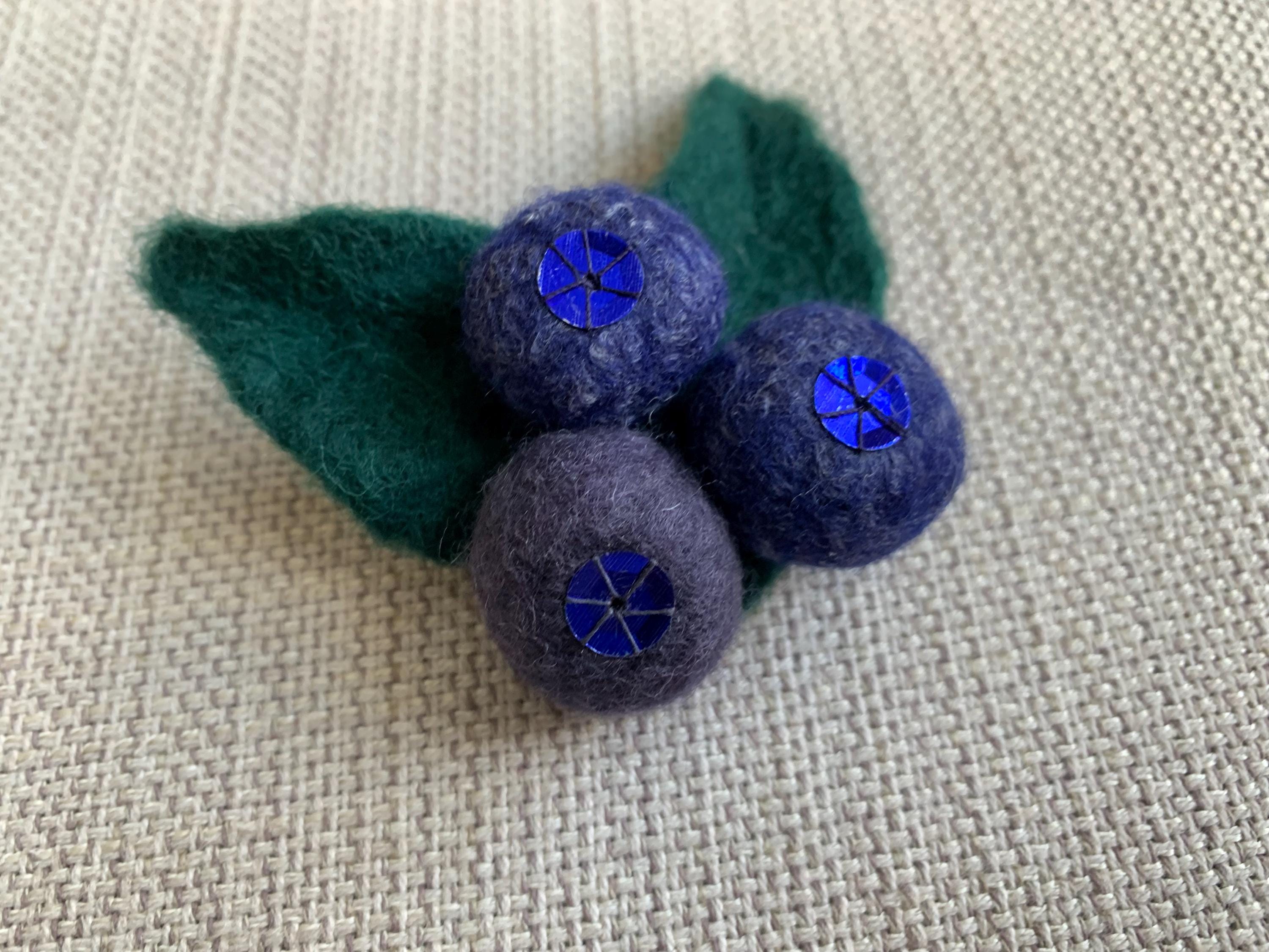 Felted Blueberry Brooch With Three Berries & Two Green Leaves, Yummy Realistic Fruity Design, Handmade Unisex Accessory, Fresh Nature Style