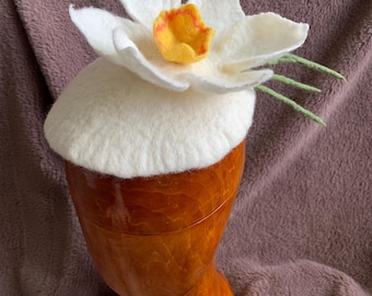 Felted Daffodil Fascinator Hat with Adjustable White Veil