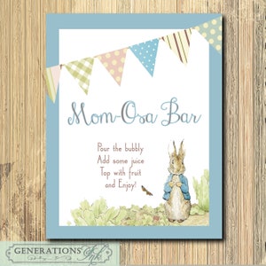 INSTANT DOWNLOAD/Peter Rabbit &quot;Mom-Osa&quot; Bar Sign/printable/digital/Baby Shower, Mimosa Sign, Vintage, Beatrix Potter, Baby Shower Sign/8x10
