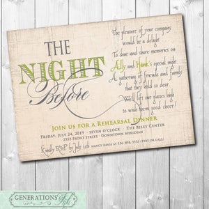 Rehearsal Dinner Invitation printable/Digital File/Night before invitation, rustic, wedding, choice of entree/Wording &Colors can be changed