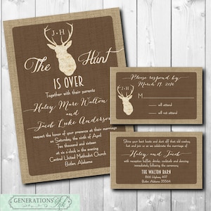 Hunt is Over Wedding Invitation printable/Digital Files/rsvp card, deer, antlers, rustic, fall wedding, suite, burlap/Wording can be changed