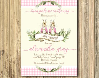 Twin Girls Baby Shower Invitation printable/Digital File/twins baby shower, Peter Rabbit, girl shower, Beatrix Potter/Wording can be changed