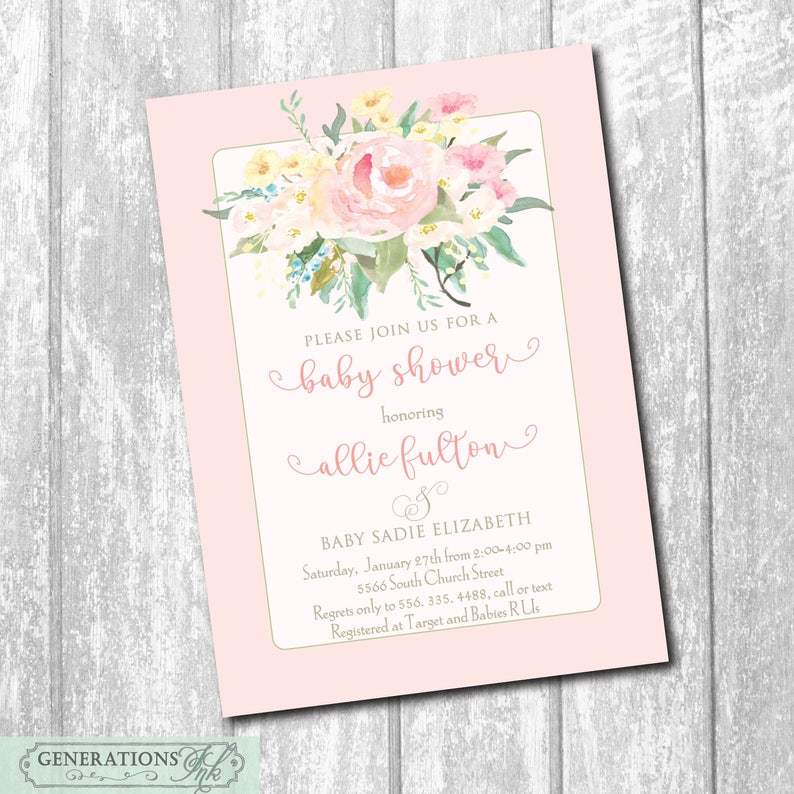 Pink Floral Baby Shower Invitation, Watercolor, Girl Baby Shower, Watercolor Roses, DIGITAL OR PRINTED image 1