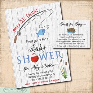 Invito per baby shower di pesca, mulinello eccitato, baby shower per ragazzi, doccia rustica per bambini, richiesta di libri, digitale o stampato