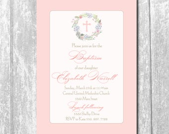 Girl Baptism Invitation printable/Digital File, Christening, First Communion, Cross, Watercolor, Wreath, Baptism/Wording can be changed