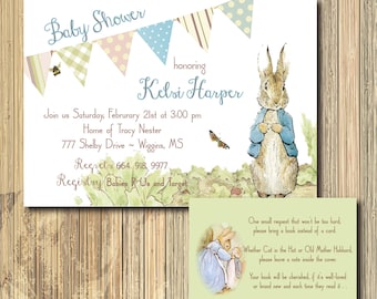 Peter Rabbit Baby Shower Invitation & Book Request Insert printable /vintage, beatrix potter, bunny, digital file,boy/Wording can be changed